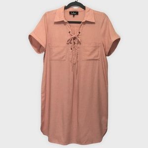 Lulus Peach Collared Lace-Up Front pockets Cotton Blend Shirt Dress Size…